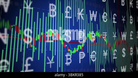 Displaying chart showing candlestick bars and line graph on trading interface with currency symbols Stock Photo