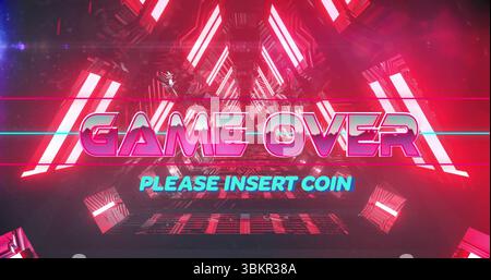Displaying neon pink-purple GAME OVER lettering glowing in neon-lit tunnel, with glitch streaks Stock Photo