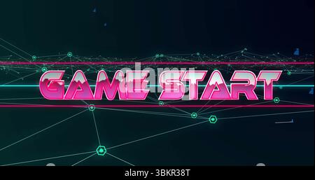 Displaying neon pink GAME START in grid with teal nodes, neon framing lines and floating fragments Stock Photo