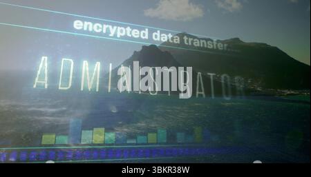 Displaying overlay showing ADMINISTRATION and bar chart over mountain, with encrypted data transfer Stock Photo