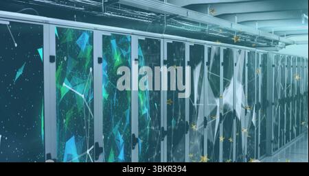 Displaying row of server racks showing LEDs in data center corridor, with polygon overlays Stock Photo