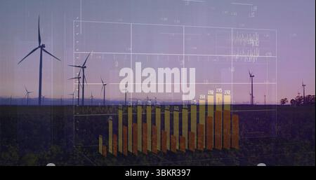 Displaying wind turbines rising on grassy plain at dusk, with translucent 3D grid, bars, labels Stock Photo