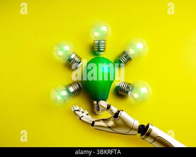 Sustainable development with artificial intelligence tools technology, sustainable innovation concept. AI Robot hand holding big glowing green light b Stock Photo