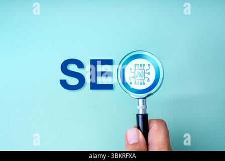SEO optimization, search engine marketing, with Artificial intelligence assistant tools technology concept. AI chip focused in magnifying glass lens i Stock Photo
