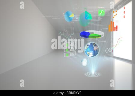 Holographic 3D render is floating in minimalist white space, showing charts, data icons and globe Stock Photo