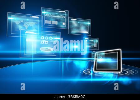 3D render is showing tablet resting on glowing ring while holographic data panels are floating Stock Photo