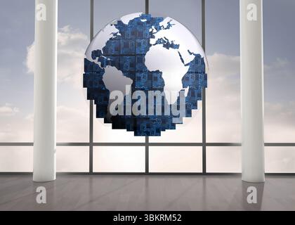 Blue globe floating in room Stock Photo