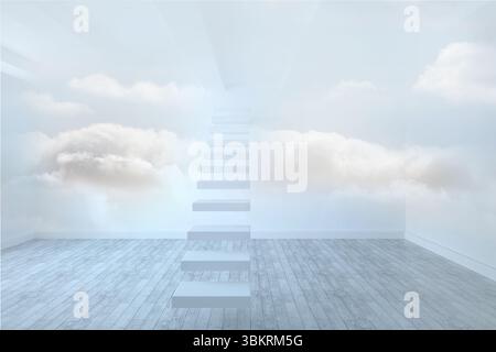 Surreal floating staircase ascending toward light on wooden floor drifting clouds on white walls Stock Photo