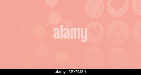 Coral pink gradient graphic is showing molecular network and faint interface icons in flat design Stock Photo