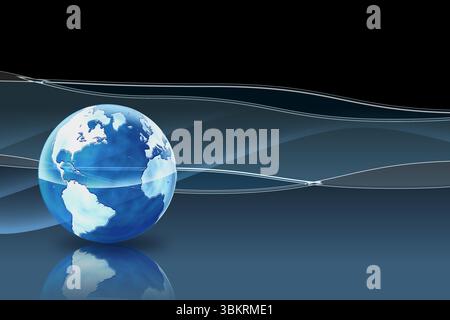 Blue white 3D globe is reflecting on glossy platform in blue gradient, showing waveforms and lines Stock Photo