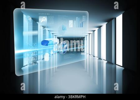 Floating holographic interface showing charts, rotating globe and icons in 3D-rendered corridor Stock Photo