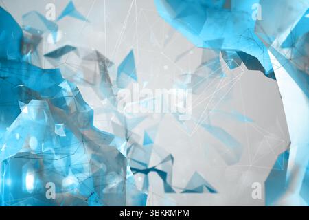 Translucent blue polygon shards floating in grey 3D render space, forming lines with glowing nodes Stock Photo