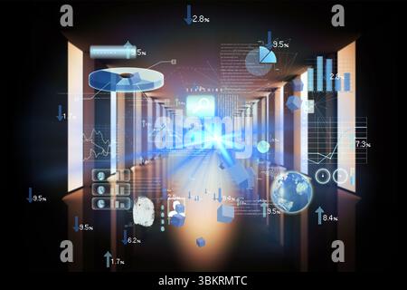 Floating holographic cluster with 3D charts and rotating globe is hovering inside sci-fi corridor Stock Photo