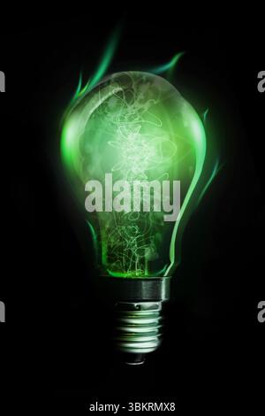 3D render is showing glowing green incandescent bulb floating in black void with swirling patterns Stock Photo