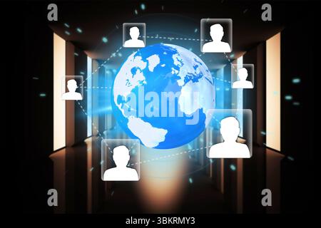 Glowing blue Earth globe is floating in 3D-rendered corridor with connecting user icons, lit panels Stock Photo