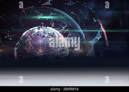 3D holographic globe is hovering over stage in void with dot-matrix mesh and neon green-pink trails Stock Photo