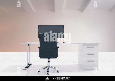 flat design minimalist office is featuring white desk and black chair with monitor and mouse Stock Photo