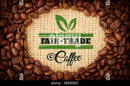 Flat design showing coffee bean ring on burlap with green leaf logo and Fair Trade Coffee Stock Photo