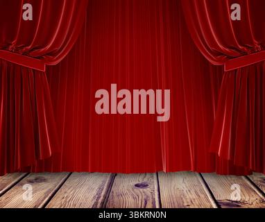 Red velvet stage curtain is showcasing flat design theatre scene with tiebacks and wooden planks Stock Photo
