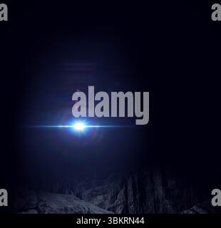Bright blue-white light source is illuminating rugged rocky canyon at night in 3D render Stock Photo