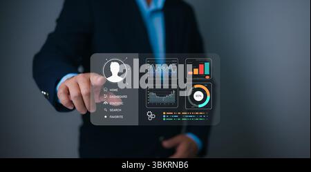 Businessman selecting candidate on a digital dashboard interface, analyzing talent profiles and data-driven HR insights for recruitment, teamwork, lea Stock Photo