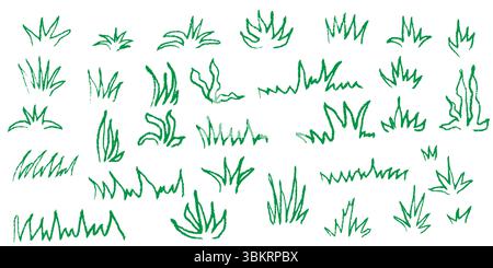 Green grass line background in crayon and pastel texture. Hand drawn doodle style sketch with pencil marker and chalk strokes. Vector green field Stock Vector