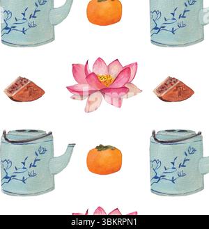 Mid Autumn festival tea pot, mooncake slice, persimmon, lotus flower seamless pattern. Traditional realistic watercolor style. Cute elegant wallpaper Stock Vector
