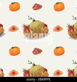 Mid Autumn fruits watercolor seamless pattern. Plate of grapefruit, persimmon, slices of mooncakes watercolor illustrations. Decorative traditional el Stock Vector