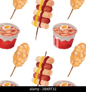 Korea cuisine watercolor pattern. Tteokbokki (spicy rice cakes), Korean corn dog, Sotteok Sotteok (Sausage and Rice Cake Skewer) painting elements. Stock Vector