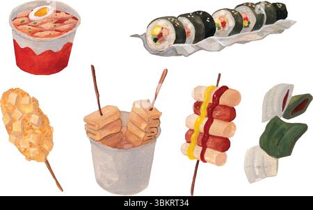Korean street food watercolor illustration: tteokbokki (spicy rice cakes), kimbap (Korean seaweed rice rolls), odeng (fish cakes), Korean corn dog, Stock Vector