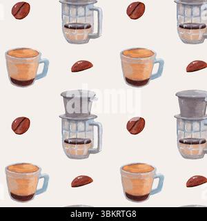 Vietnam coffee cups and beans watercolor pattern. Egg coffee and phin coffee painting elements. Brown cute beverage and drink background. Stock Vector