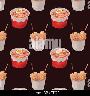 Korean street food watercolor pattern. Tteokbokki (spicy rice cakes), odeng (fish cakes) painting over a dark background. Asian cuisine street food. Stock Vector