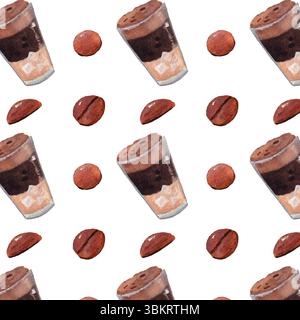 Vietnamese white coffee coffee in layers and coffee beans watercolor seamless pattern. Vector background, isolated on white. Food and drink theme. Stock Vector