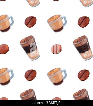 Iced coffee glass and egg cream coffee cup seamless pattern. Vietnamese signature coffee watercolor elements. Food and beverage background for coffees Stock Vector