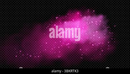 Pink smoke clouds with sparkle particles floating on transparent background. Magical fog effect with bright magenta mist and glowing stars. Fantasy atmosphere overlay for romantic or mystical design. Stock Vector