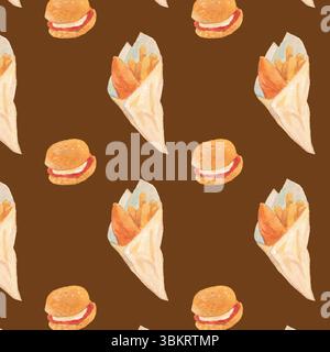 English fast food watercolor pattern. Fish and chips, scone painting elements. English cuisine colorful background. Brown rustic wallpaper. Stock Vector