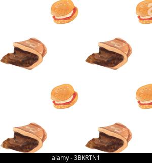 English pie and scone watercolor pattern. English food simple seamless pattern. Cuisine food and drink wallpaper over a white background. Realistic. Stock Vector