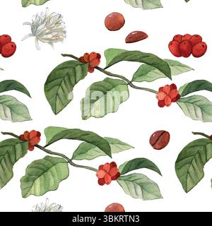 Coffee branch, flower and nuts watercolor pattern. Botanical plants and flowers seamless pattern for cafe. Elegant nature wallpaper for decoration. Stock Vector