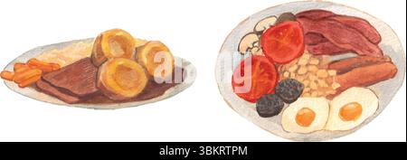 Sunday roast and English breakfast watercolor illustration. Famous food in England, Europe. Various ingredients: eggs, Yorkshire pudding, bacon. Stock Vector