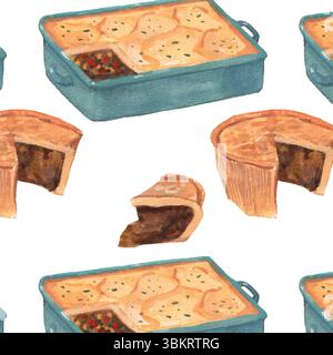 English pies watercolor pattern. Shepherd pie, steak and kidney pie illustration. English cuisine culture background. Realistic cute textured style. Stock Vector