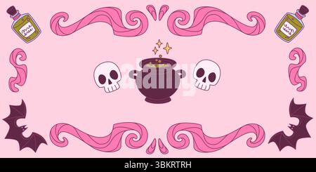Coquette halloween frame with pink ribbon swirls, skulls and cauldron, potion bottles, bat with wings and sparkles. Pastel decorative border for girly spooky invitations or October party designs. Stock Vector