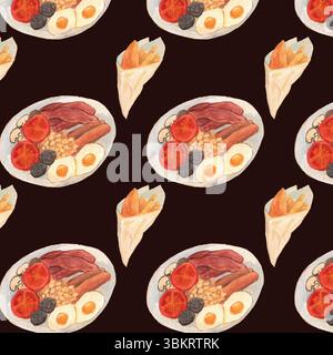 English breakfast and fish and chips seamless pattern. English cuisine watercolor background. Various ingredients: eggs, bacons, roasted tomatoes. Stock Vector