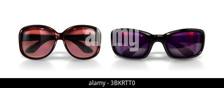 Stylish eyewear collection with modern 3d sunglasses - oversized frames and tinted lenses for summer protection. Fashion accessories with rectangular designs casting shadows on white background. Stock Vector