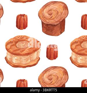 Gourmet pastries watercolor pattern: Flaky Brioche, Brioche Feuilletée, Paris-Brest, Cream Puff Ring Canelé Caramelized Custard Cake. European classic. Stock Vector