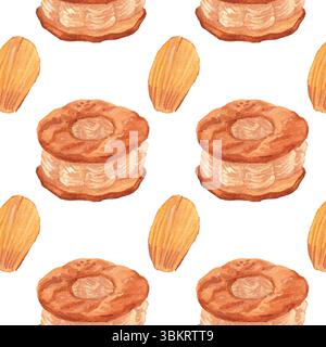 Paris-Brest and Madeleines Watercolor Pattern – Seamless French Bakery Design. Watercolor pattern. Seamless and soft-toned design for bakery Stock Vector