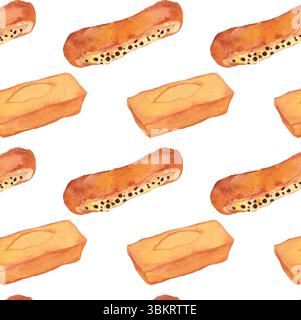 Gourmet European pastries watercolor pattern: Swiss Roll Pain Suisse, Financier Tea Cake. Cuisine food hand painted background. Realistic cozy cute. Stock Vector