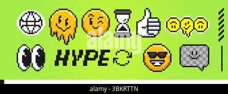 Pixel emoticon collection on bright green background - wire planet, melting yellow face, winking smile, hourglass timer, thumbs up approval, wide googly eyes, cool sunglasses, checkered speech bubble. Stock Vector