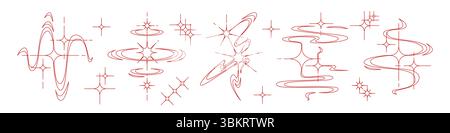 Red y2k star line art collection with swirls, sparkles, cosmic waves. Retro futuristic tattoo designs with celestial elements, abstract shapes. Minimalist nostalgic graphics for trendy body art. Stock Vector