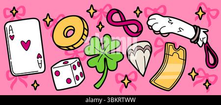 Playful lucky charm doodle collection with ace card, coin and dice, clover and golden ticket, infinity symbol and rabbit foot on pink background. Whimsical fortune icons for good luck wishes design. Stock Vector