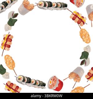 Korean street food circle frame template. Skewers, kimbap, fish cakes, rice cakes watercolor illustration. Circle frame card template. Colorful food. Stock Vector